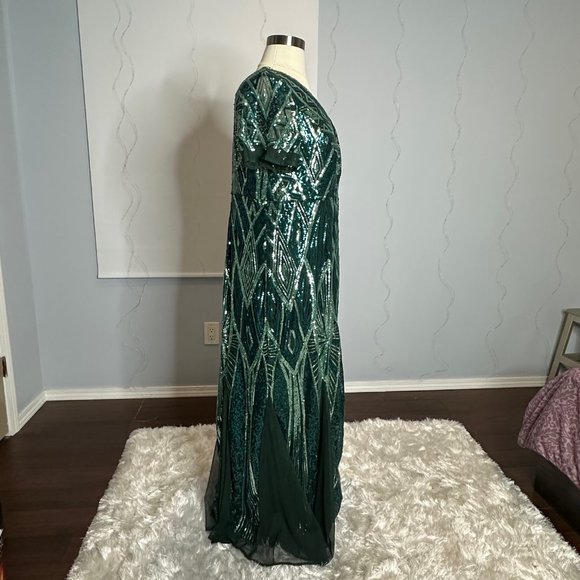 R&M Richards Elegant Evening Dress Womens Plus Green Sequined Long V-Neckline - Picture 11 of 16